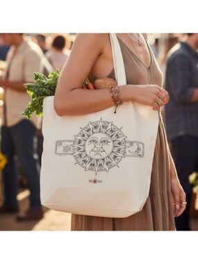Del Sol Celestial Sun Moon Canvas Tote Bag Boho Astrology Cotton Market Bag